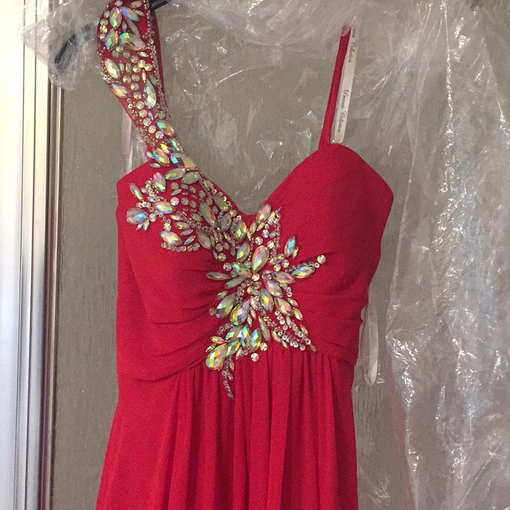 Red one shoulder prom dress, size 2